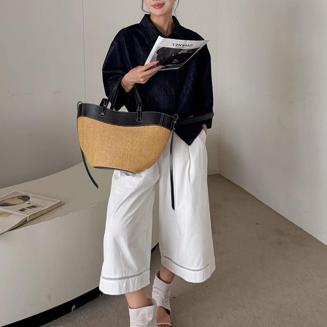 Women'S Raffia Bags - กระเป๋าถือหนังแท้ Mendy พร้อมดีไซน์ผสมผสานลายรัฟเฟียธรรมชาติสำหรับผู้หญิง สไตล์มินิมอล เปิดด้านบน เหมาะสำหรับชายหาด